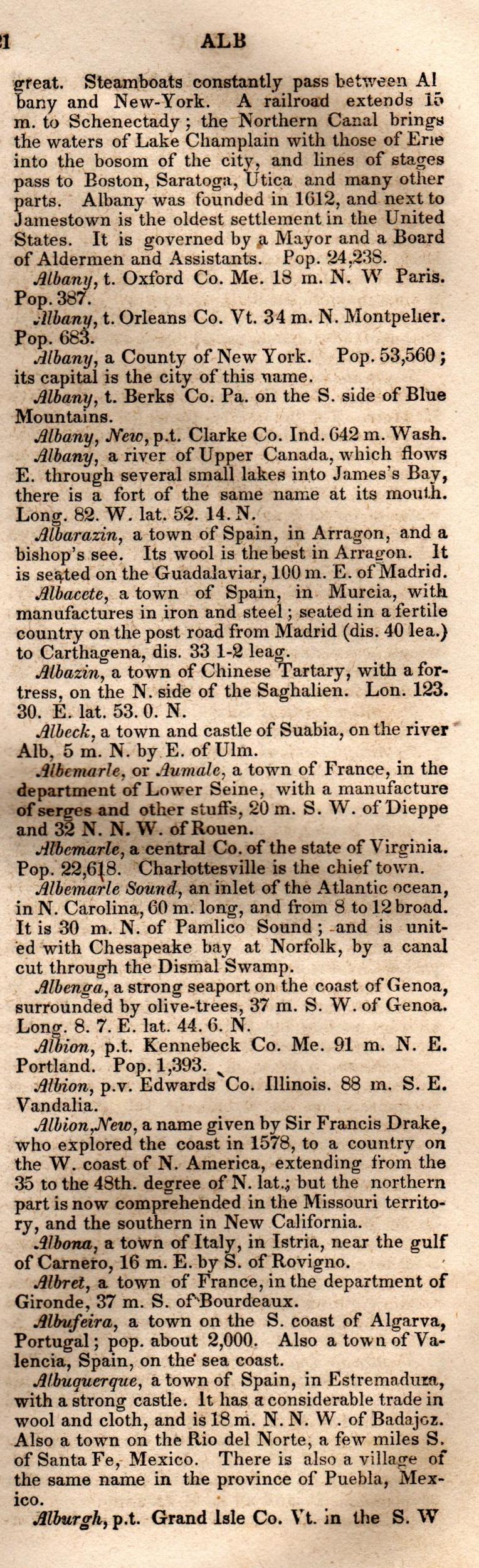 Brookes’ Universal Gazetteer (1850), Page 21 Right Column