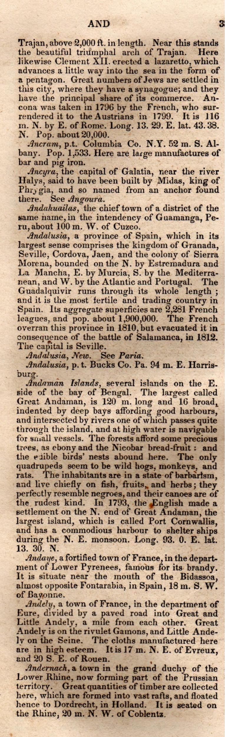 Brookes’ Universal Gazetteer (1850), Page 38 Left Column