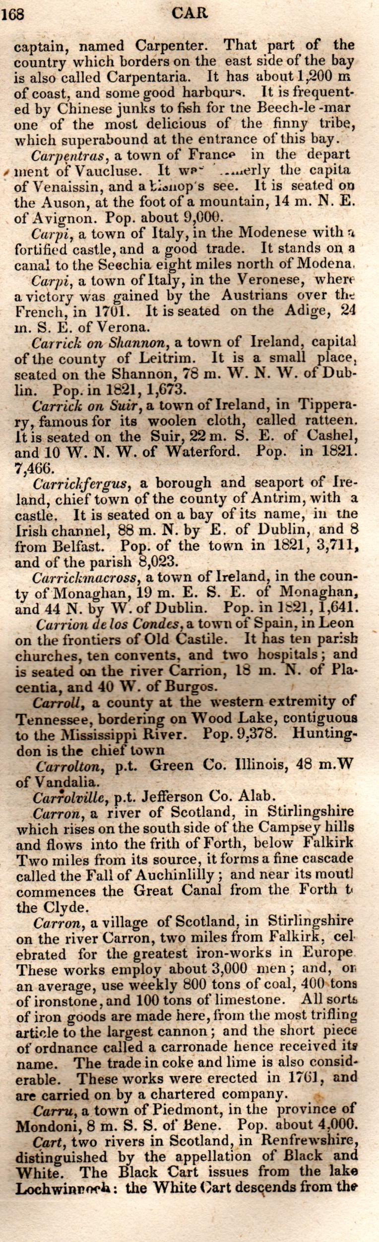 Brookes’ Universal Gazetteer (1850), Page 168 Right Column