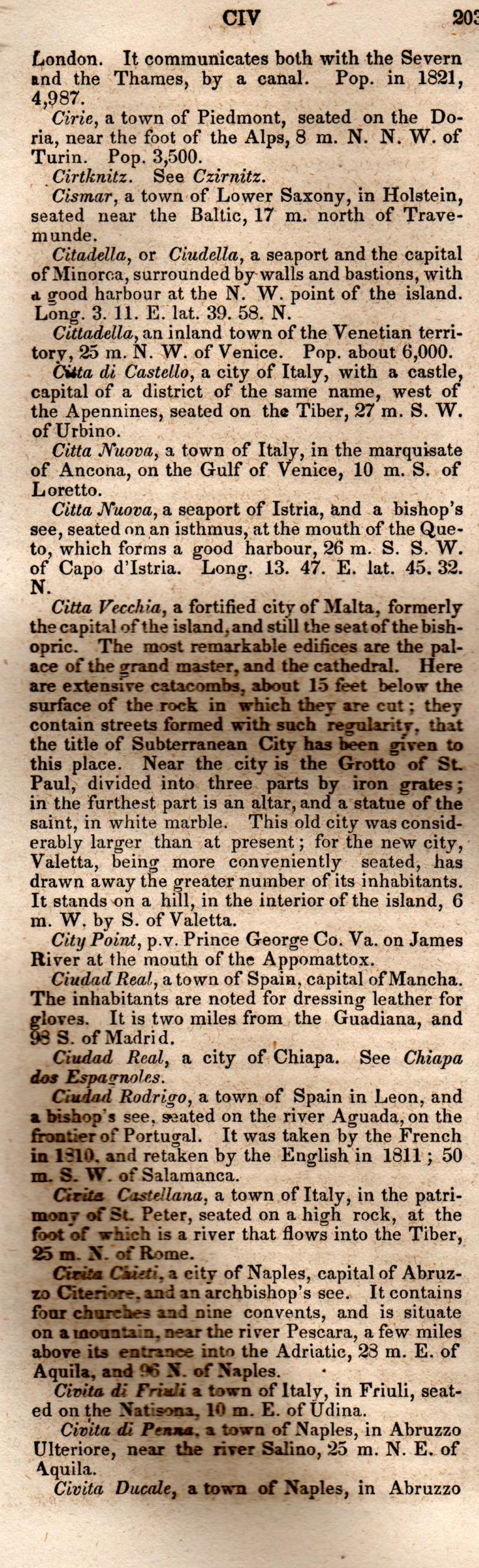 Brookes’ Universal Gazetteer (1850), Page 203 Left Column