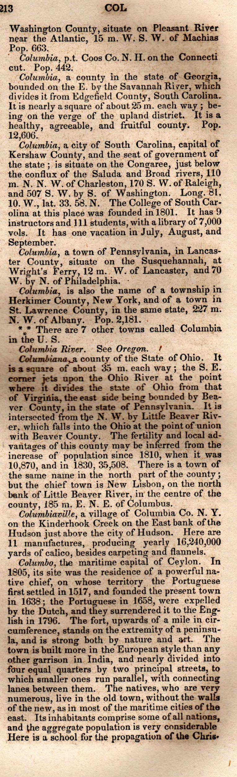 Brookes’ Universal Gazetteer (1850), Page 213 Right Column