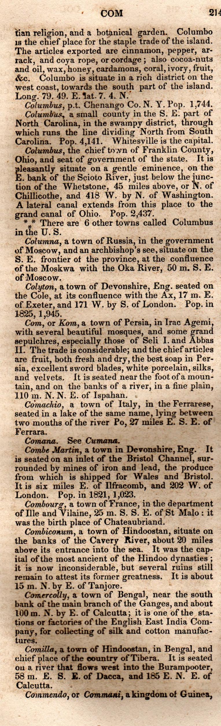 Brookes’ Universal Gazetteer (1850), Page 214 Left Column
