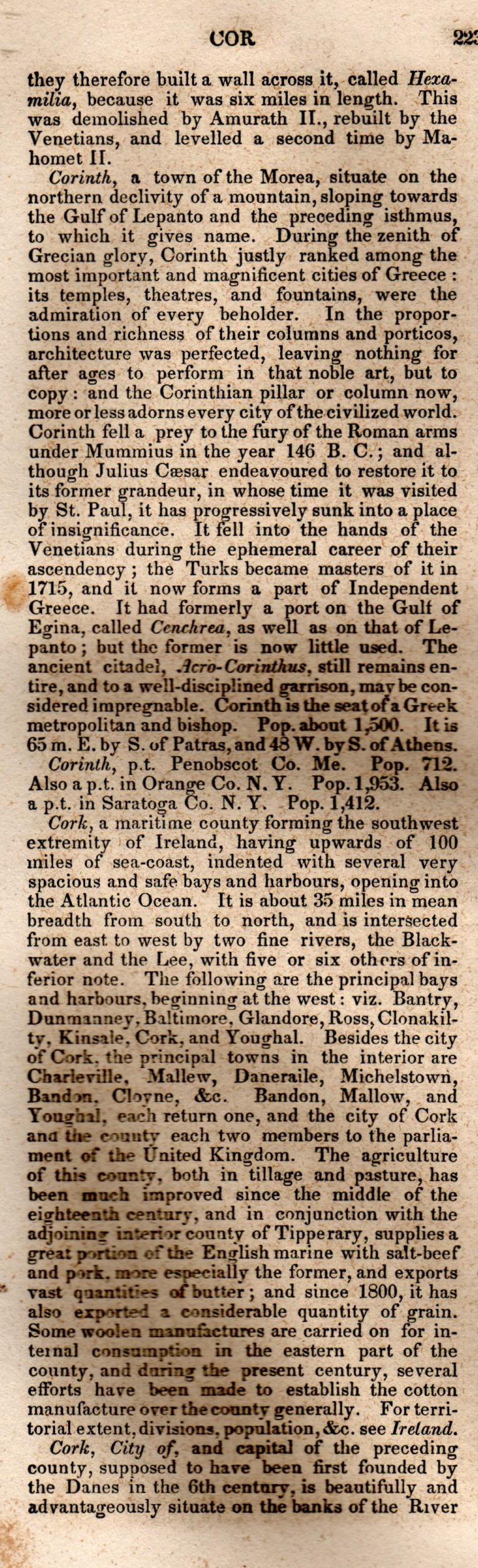 Brookes’ Universal Gazetteer (1850), Page 223 Left Column