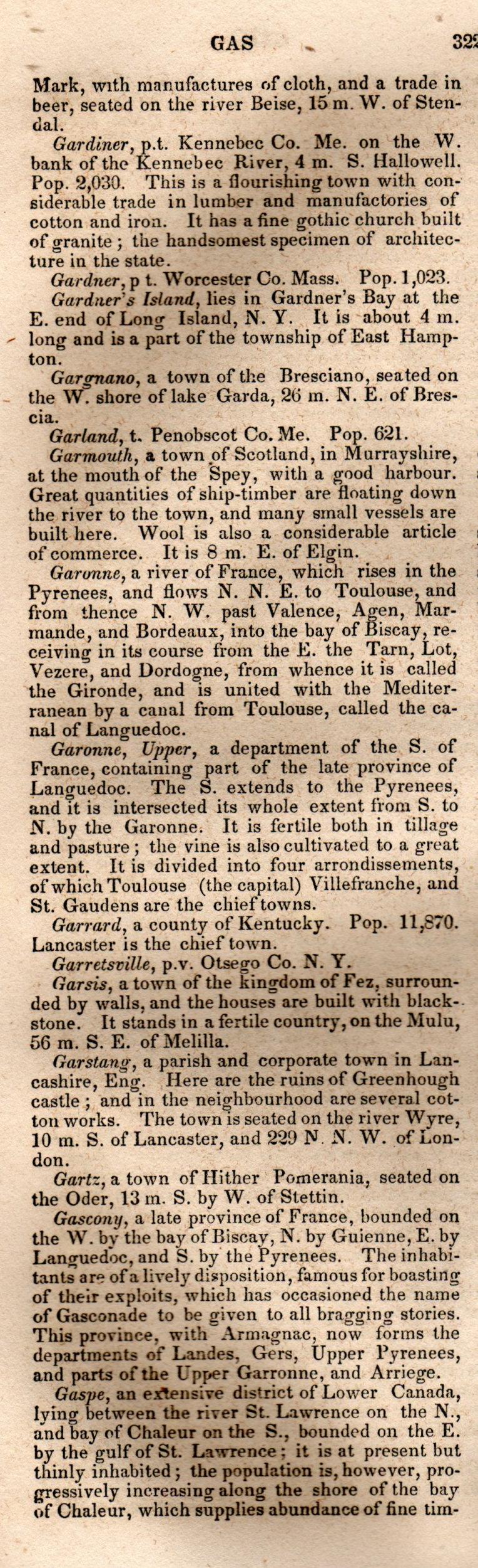 Brookes’ Universal Gazetteer (1850), Page 322 Left Column