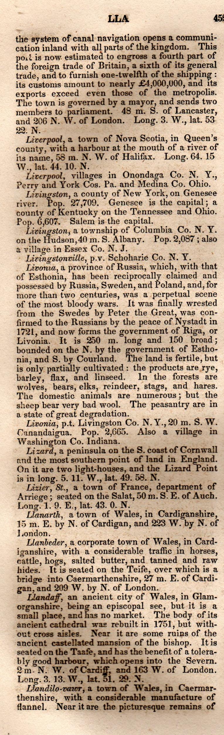 Brookes’ Universal Gazetteer (1850), Page 452 Left Column