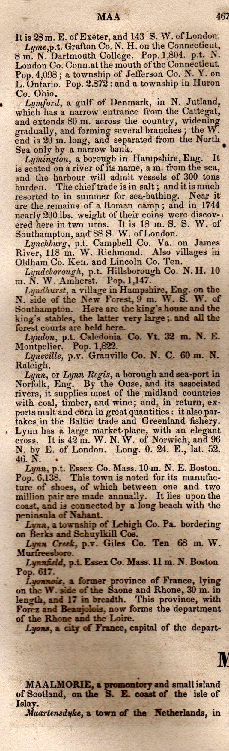 Brookes’ Universal Gazetteer (1850), Page 467 Left Column
