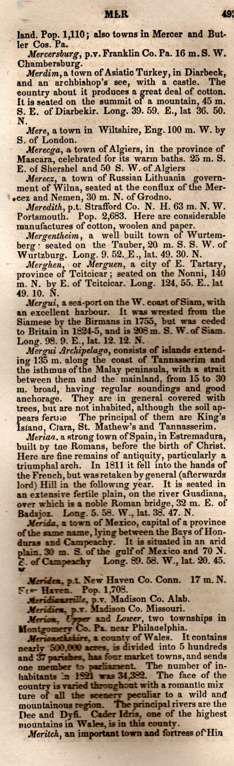 Brookes’ Universal Gazetteer (1850), Page 493 Left Column