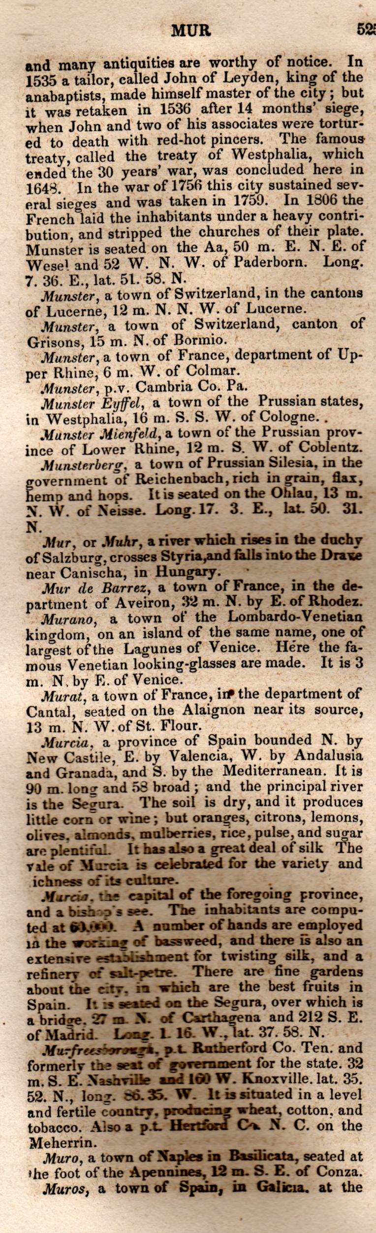 Brookes’ Universal Gazetteer (1850), Page 525 Left Column