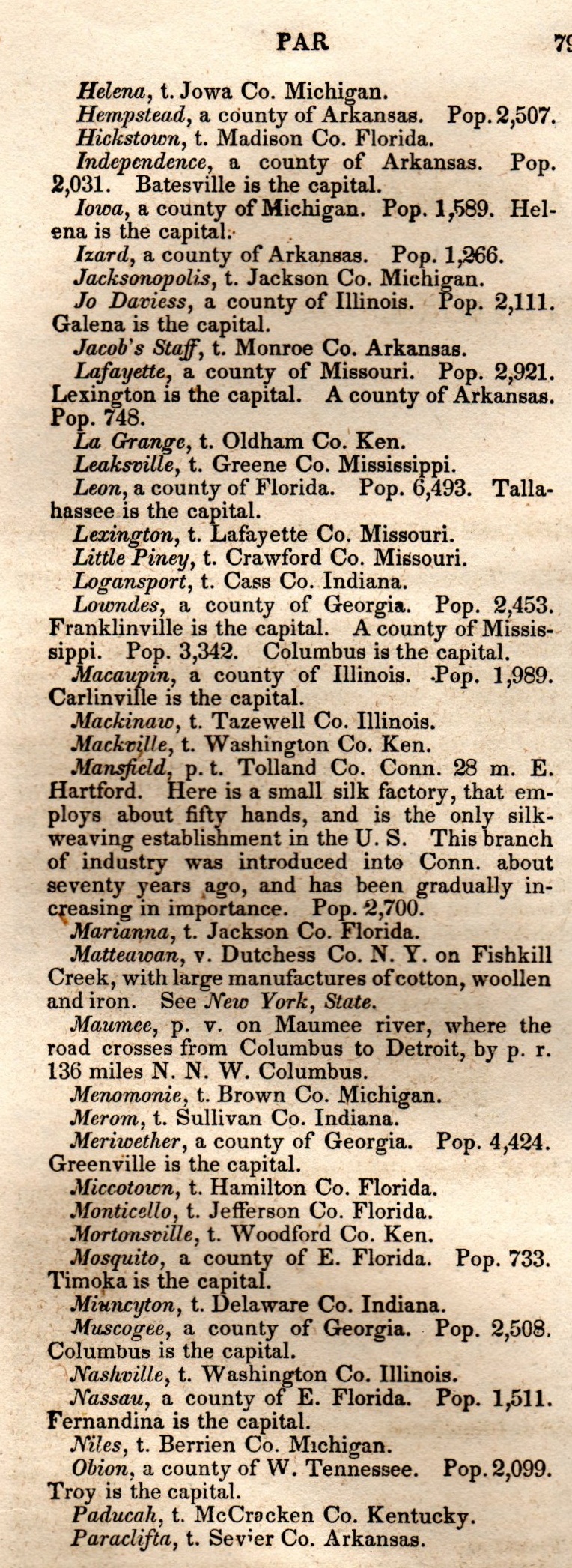 Brookes’ Universal Gazetteer (1850), Page 799 Left Column